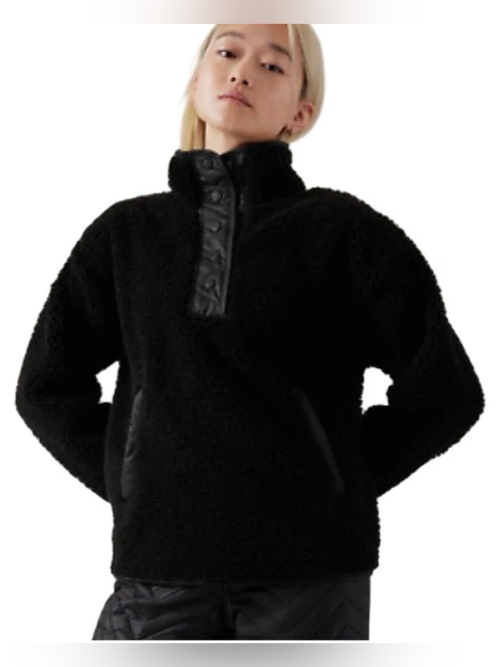Athleta Cozy Sherpa Sweatshirt Snap Button Black Womens Size XXS 466888